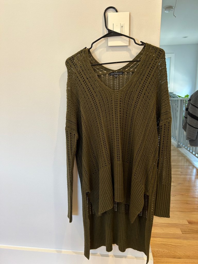 Haute Monde Olive Green Open-Knit V-Neck Sweater